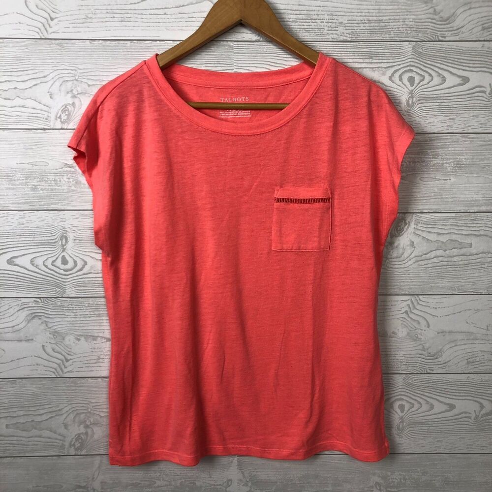 Talbots Women's Medium Linen Blend Cap Sleeve Tee Shirt Chest Pocket Neon Orange